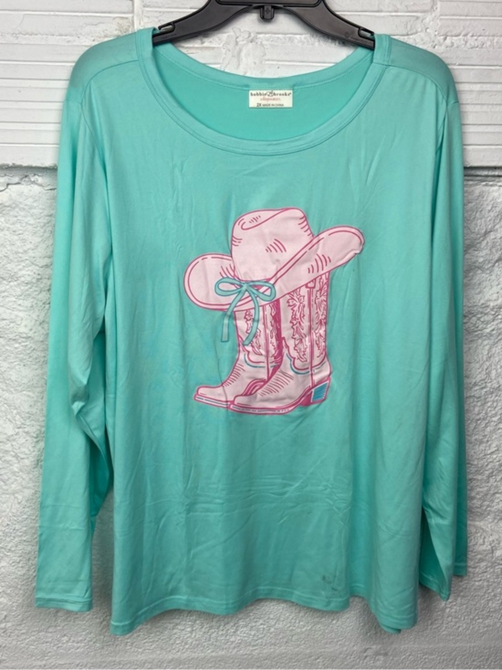 Bobbie Brooks Mint Long Sleeve Tee with Pink Cowboy Hat & Boots Artwork SZ 2X